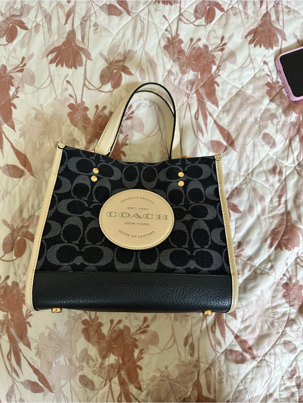 Coach Black Canvas Tote with Cream Trim and Gold Accents